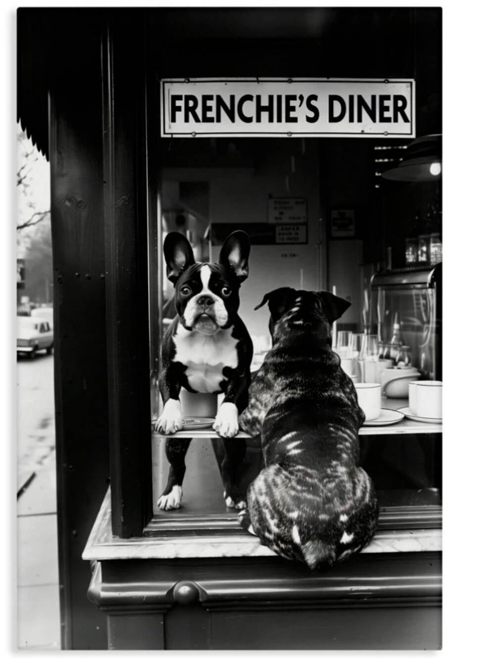 Lois & Owen Frenchie's Diner Window View Glossy Famed Wall Decor